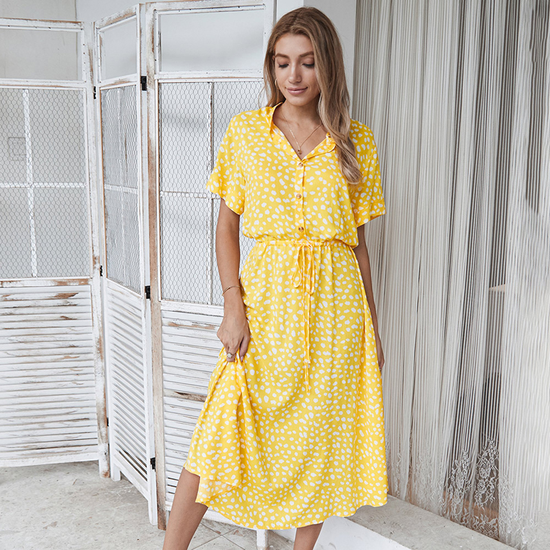 Robe longue à imprimé Floral pour femmes, style Boho, manches courtes, col rabattu, décontractée, ceinture, chemise, été, 2021