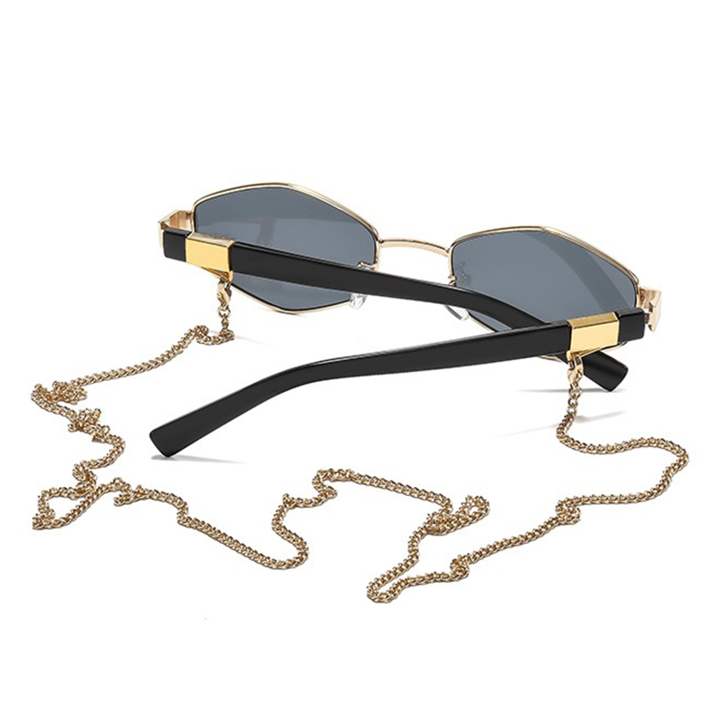 Lunettes de soleil polygonales en métal tendance pour femmes, lunettes de soleil rétro personnalisées style streetwear, lunettes de soleil décontractées avec chaîne pour l'extérieur