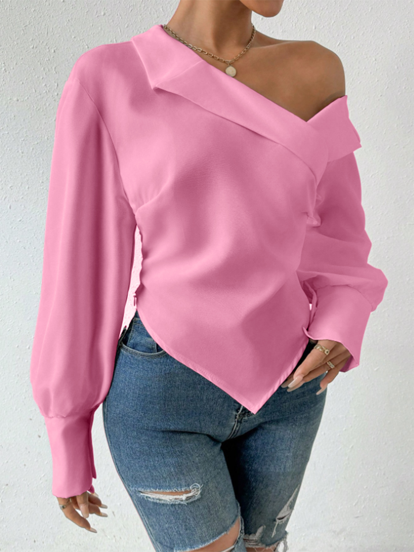 T-Shirt femme printemps été rose épaules dénudées manches longues croisé devant ourlet asymétrique élégant quotidien décontracté haut de rencontre