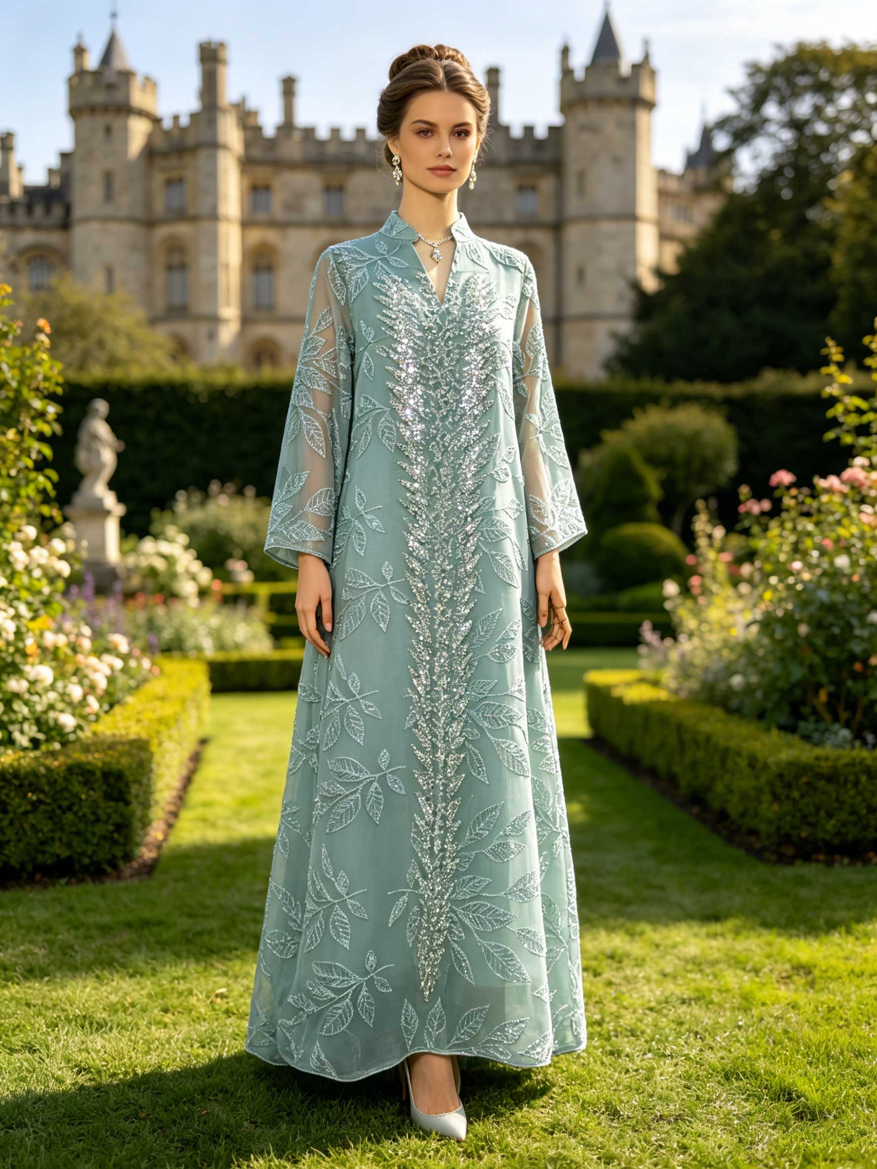 Abaya vert menthe pour femmes musulmanes avec broderie de feuilles en sequins argentés, Kaftan de Dubaï, robe élégante pour la prière du Ramadan et de l'Aïd, Turquie, Islamique
