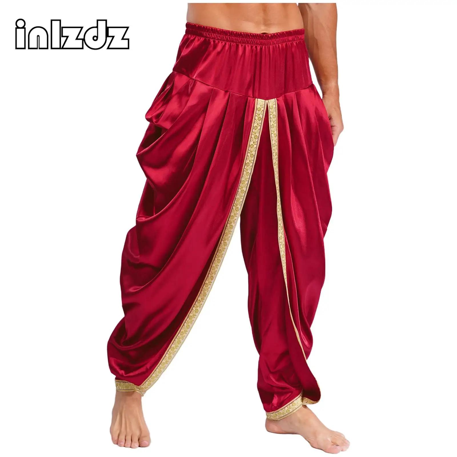 Pantalon Dhoti en Satin pour hommes, décontracté, taille élastique, drapé, Baggy, pour vacances, fête à thème, événements culturels, Occasions festives