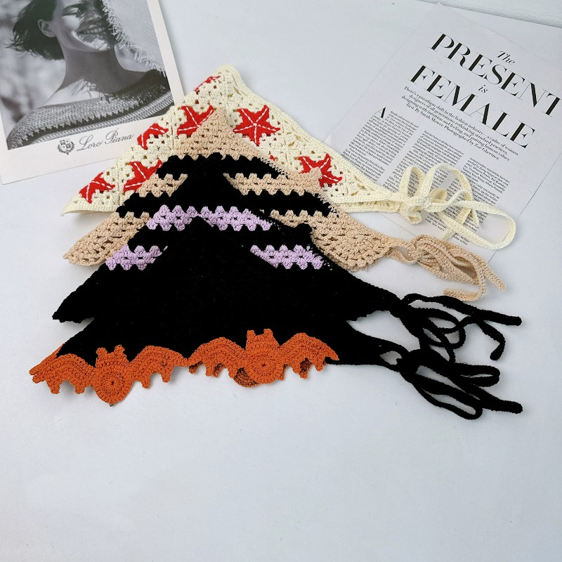 Foulard triangulaire en crochet à motifs colorés style gothique rétro pour femme, idéal pour l'été, les voyages et les photos, polyvalent, style littéraire, bonnets.
