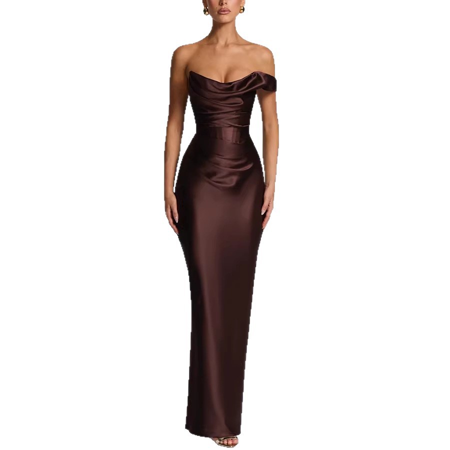 Nouvelle Robe Longue Asymétrique en Satin pour Femme, Col Bénitier, Taille Froncée, Robe Moulante, Robes d'Été Formelles pour Soirées et Cérémonies
