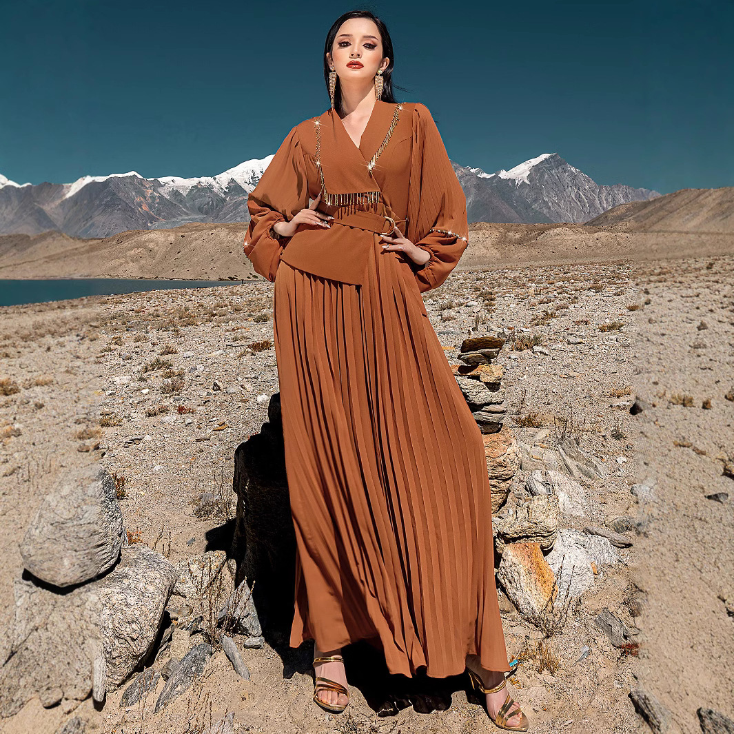 Mode femmes diamants Robe Maxi plissée revers Abaya dubaï caftan Eid Ramadan robes musulmanes turquie Robe Femme robes Caftan