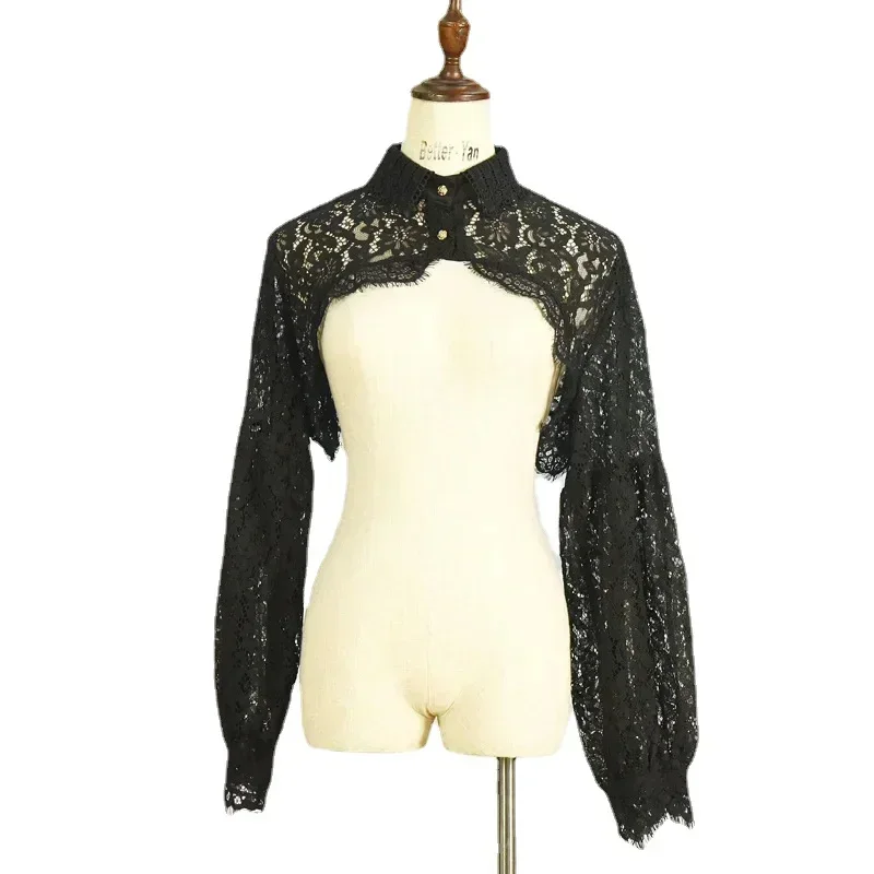 Boléro en dentelle à manches longues pour femme, col chemise, haut court boutonné en maille, cardigan court ouvert sur le devant