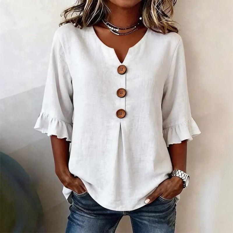 Chemisier d'été pour femmes en lin et coton, col en V, boutonné, chemises tendance pour dames