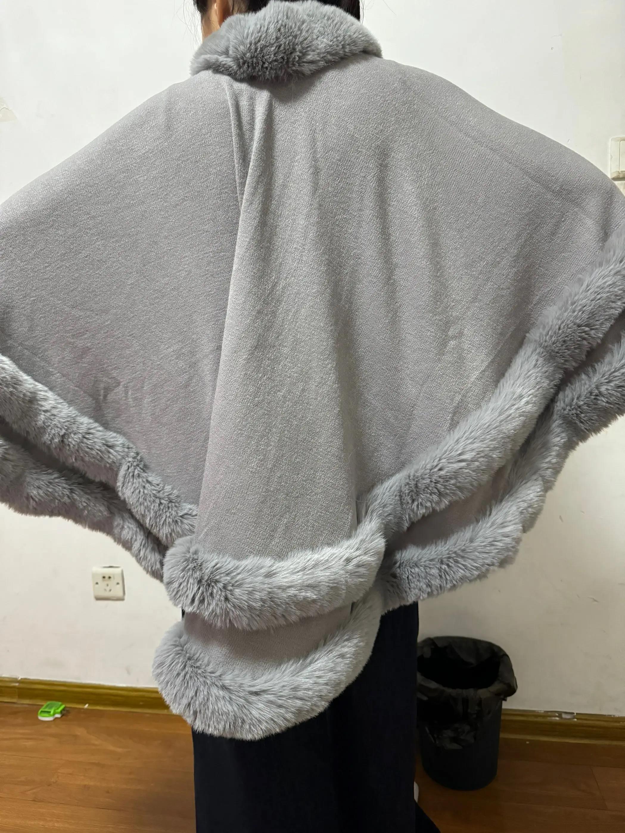 Cape de luxe pour femme, 5 couleurs, automne-hiver, épaisse et chaude, avec 2 cercles en fausse fourrure de lapin, idéale pour mariage