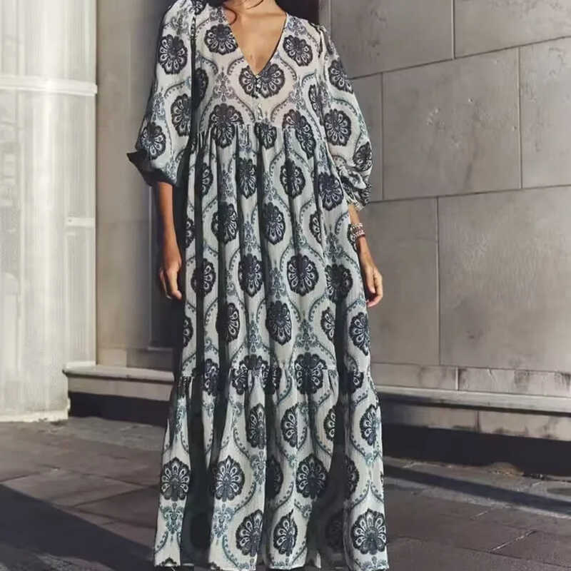Robe Maxi à Imprimé Floral Bleu pour Femme, Manches sulf, Col en V Profond, Printemps Été, Boho, Plage, Éducatif