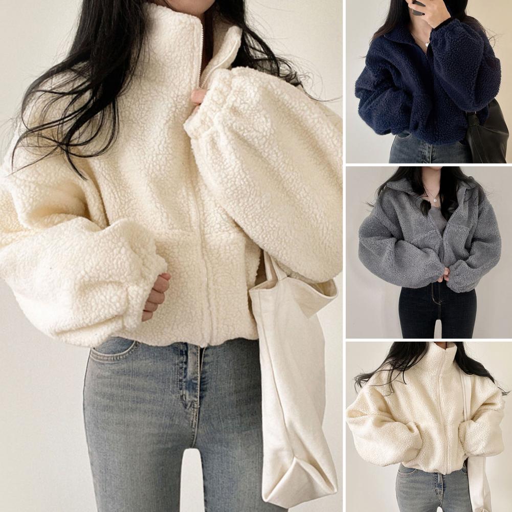 Veste courte en laine d'agneau pour femme, manteau épais et chaud en peluche, à la mode, avec fermeture éclair, col montant, collection automne-hiver 2024