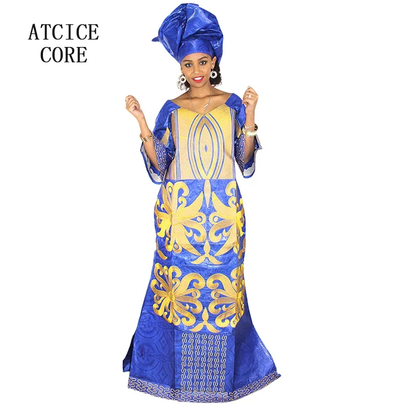 Robe africaine longueur au sol avec écharpe pour femme, motif de broderie, Bazin Riche