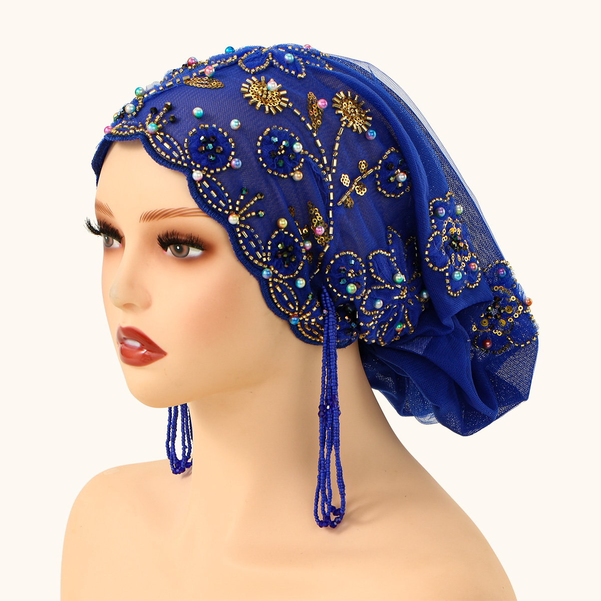 Chapeau de perles en dentelle musulmane, casquettes en tissu maille, Tube de perles associé à un fil de diamant acrylique, chapeau brodé pour femmes arabes de dubaï