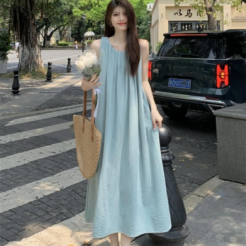 Robe longue froncée à col rond pour femme, coupe ample, dos nu, sans manches, style coréen, pour la ville