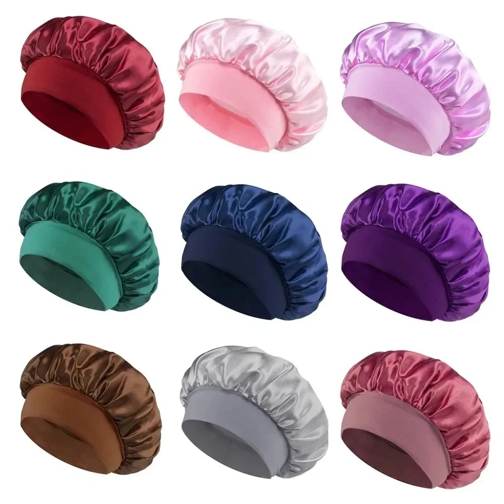 1 pièce Nouveau bonnet de nuit en soie et satin à large bord, avec bande élastique douce, pour femmes et hommes aux cheveux bouclés