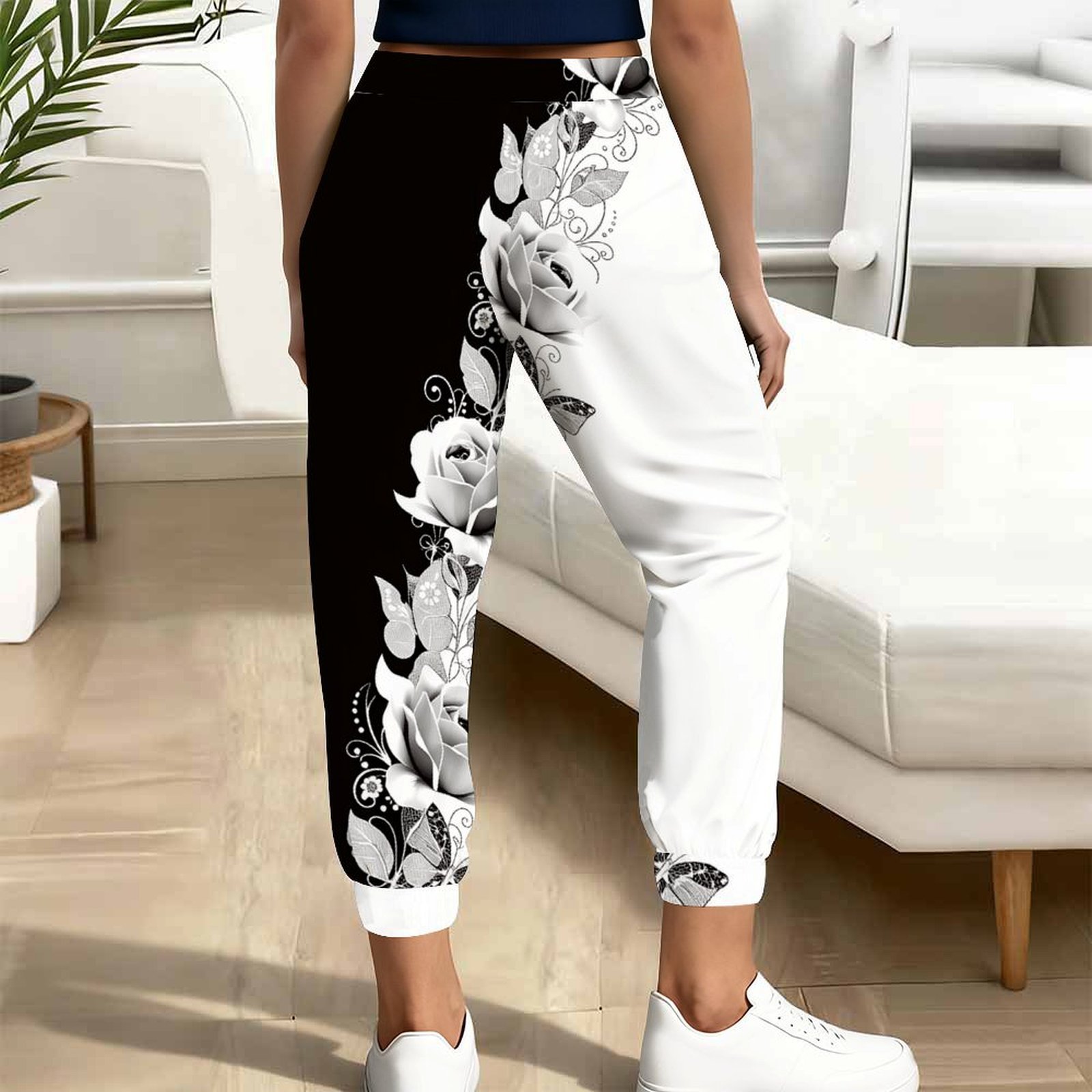 Pantalon de jogging décontracté pour femme, imprimé roses noir et blanc, taille haute avec cordon de serrage, poches, pour le quotidien, la détente et le streetwear