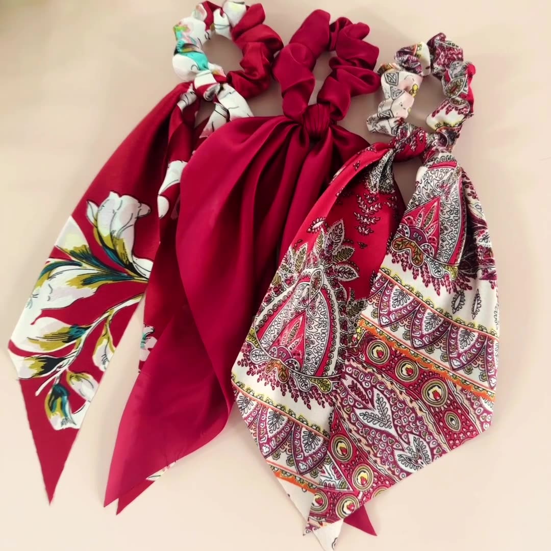 Chouchou en Satin à Long ruban avec nœud papillon, 3 pièces, écharpe lisse, bandeau pour cheveux pour femmes, accessoire pour cheveux queue de cheval