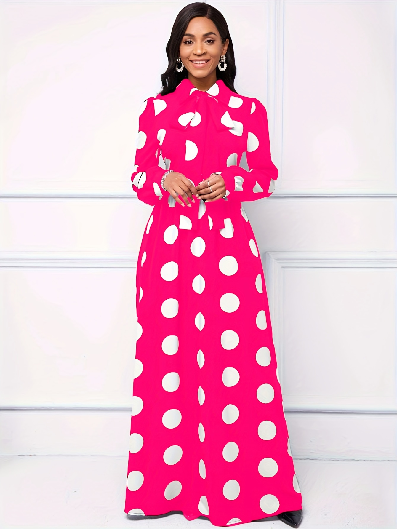 Robe maxi à manches longues pour femmes, robes décontractées pour femmes, robe élégante pour filles, nœud papillon, pois, éducatif