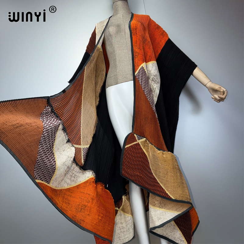 Kimono WINYI tendance pour femme, cardigan plissé imprimé, long manteau abaya, vêtement de plage de luxe Dubaï, robe bohème, caftan
