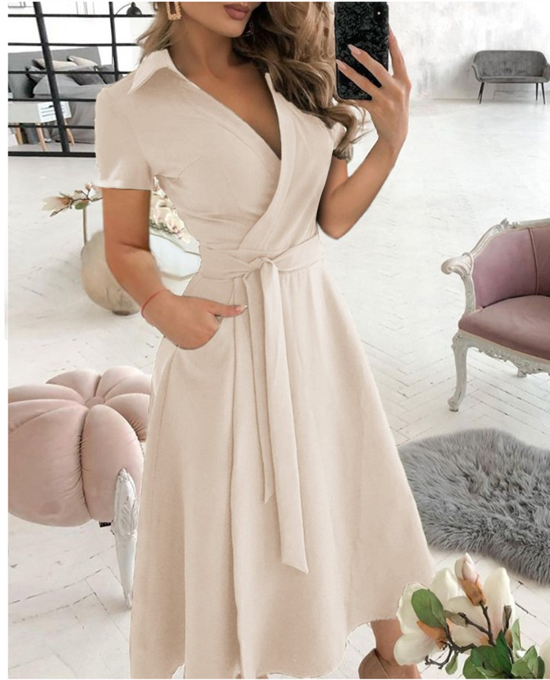 Robe mi-longue à manches courtes pour femmes, col en V, avec ceinture à nouer soi-même et poches latérales, pour tenue décontractée, de soirée ou de fête
