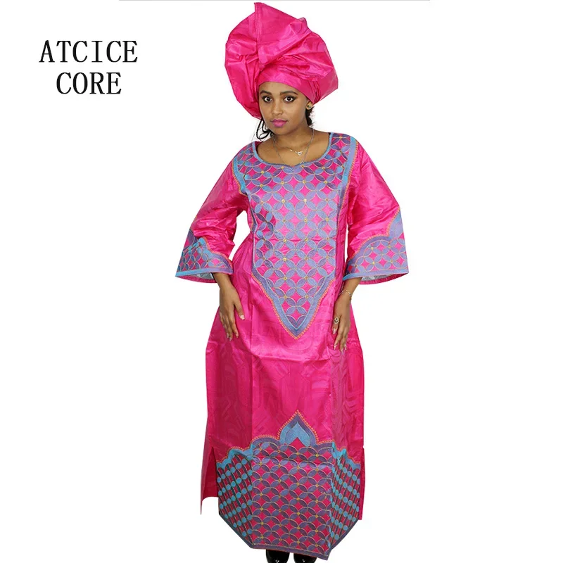 Robe africaine longue avec écharpe pour femme, motif de broderie, Bazin Riche