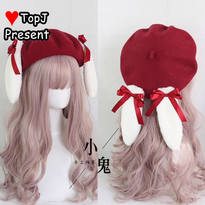 Béret gothique Lolita pour femmes, pelucheux, Harajuku, épicé, oreilles de lapin, polyvalent, rétro, Style Miss, nœud de printemps, perle, chapeau Original
