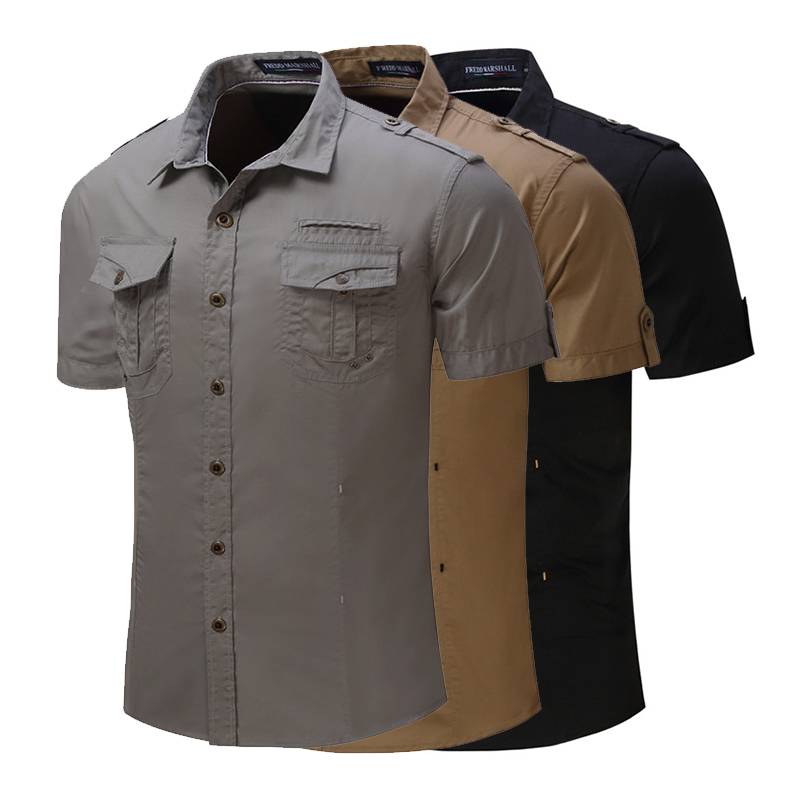 Chemise pour hommes 2023 Nouveaux Hommes Cargo Chemise Mode Chemise Décontractée Style D'été 100% Coton Solide Hommes Chemise Décontractée Plus La Taille S-3X