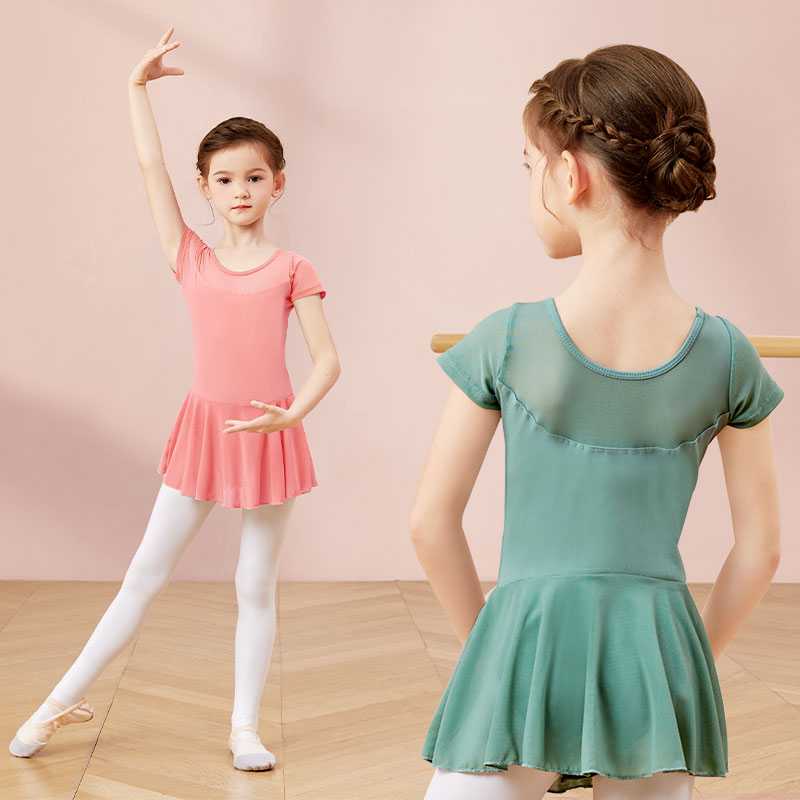 Robe de Ballet pour filles, justaucorps de danse, maille épissure, manches courtes, jupe en mousseline de soie, body de Ballet, Costumes de danse