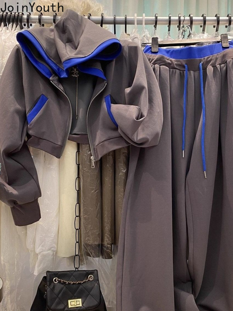 Ensemble pantalon et veste pour femme, 2 pièces, veste courte à capuche zippée, pantalon large à cordon de serrage, tenue décontractée tendance