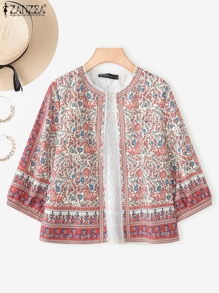 ZANZEA hauts à la mode Cardigans décontractés femmes demi manches Indie Folk imprimé chemises automne Kimono 2025 Vintage point ouvert en vrac