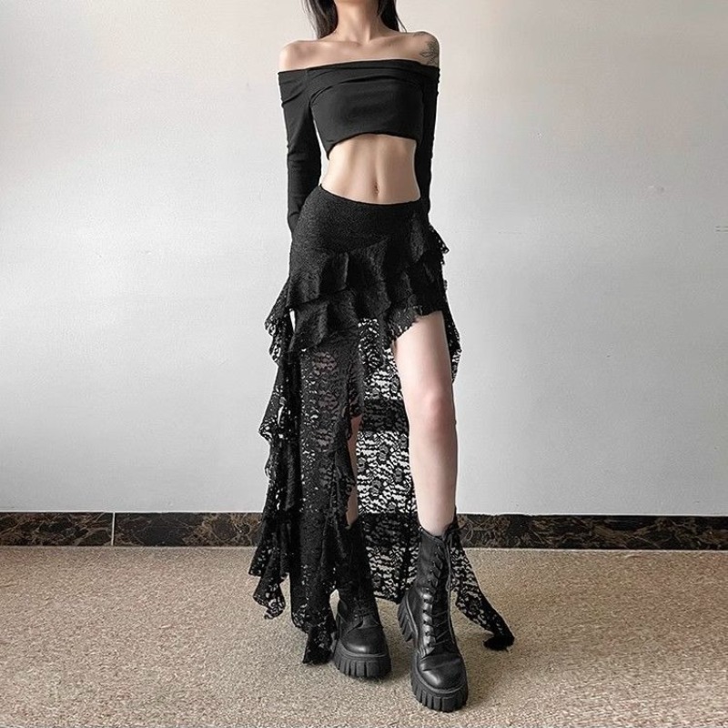 Jupe gothique années 2000, vêtements d'été pour femmes, Gyaru Kpop, Streetwear, dentelle, taille haute, décontractée, esthétique, longue, Hip Hop