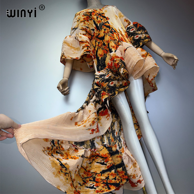 WINYI Robe plissée élastique et ajustée de style bohème pour femmes musulmanes, Kaftan Abaya, tenue de plage, longue robe de soirée de luxe de Dubaï