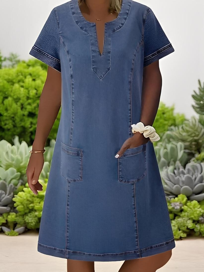 Robe en jean pour femme, style streetwear, col en V, manches courtes, poches, coupe trapèze, vintage, effet usé, lavée, été, LYQ603122