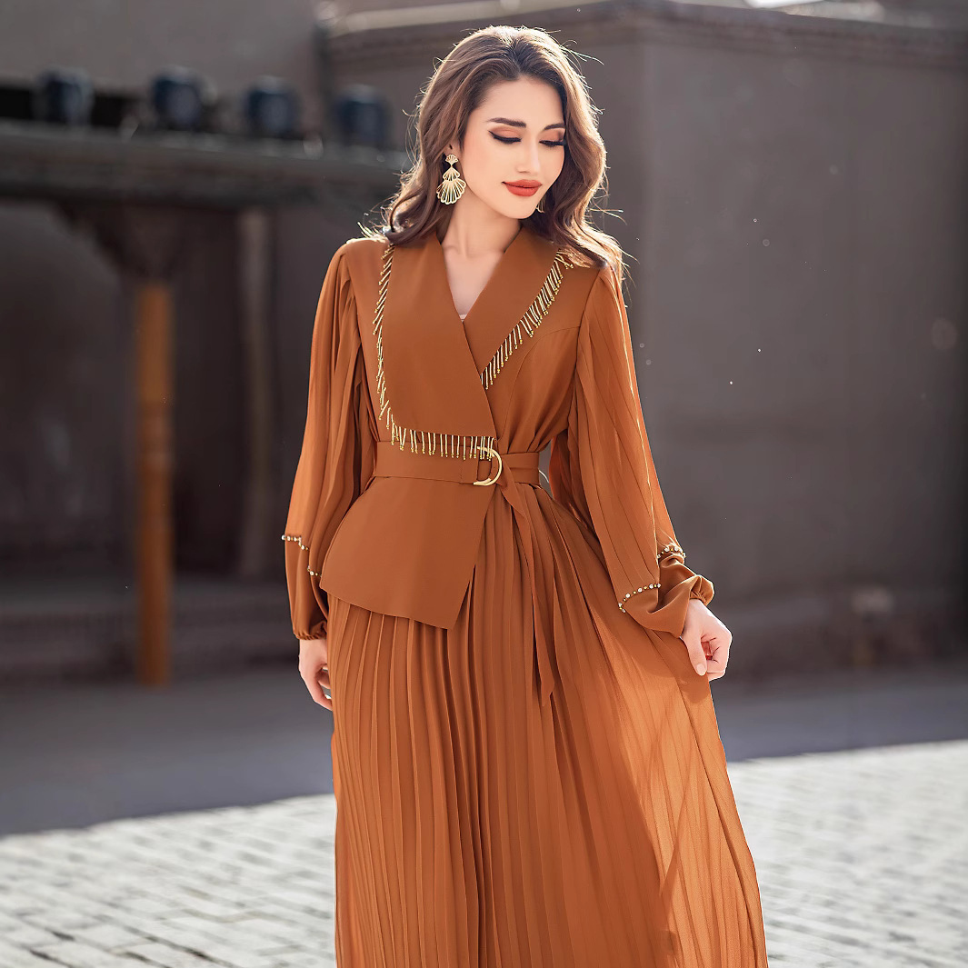 Mode femmes diamants Robe Maxi plissée revers Abaya dubaï caftan Eid Ramadan robes musulmanes turquie Robe Femme robes Caftan