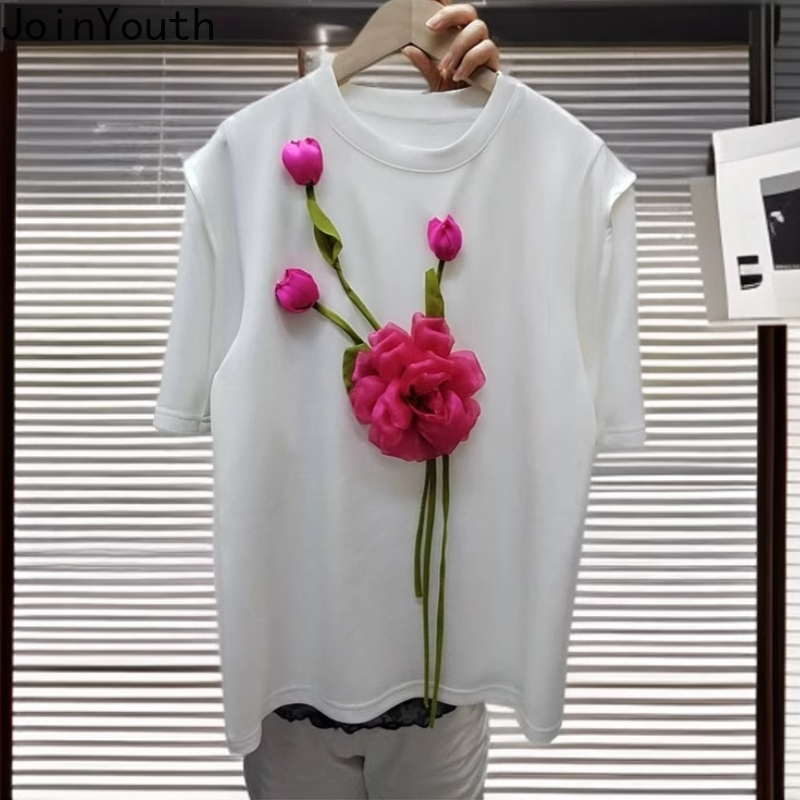 Chic 3D Floral t-shirts pour femmes 2025 Ropa Mujer à manches courtes col rond Camisetas t-shirts d'été décontracté doux ample blanc T-shirt