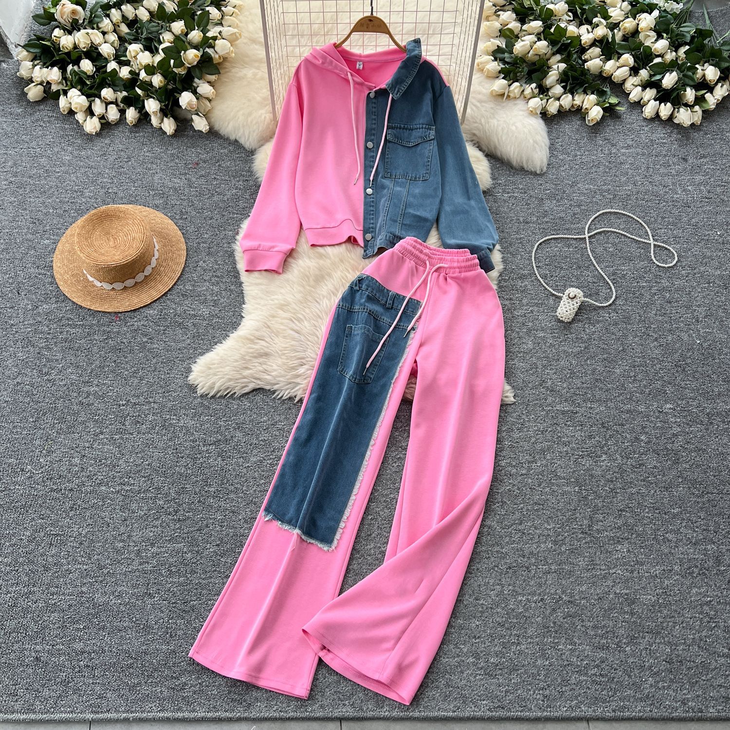 Ensemble pantalon femmes deux pièces ensembles à capuche ensembles assortis décontracté hauts amples jambe large pantalons longs taille élastique à lacets épissure Denim 2025