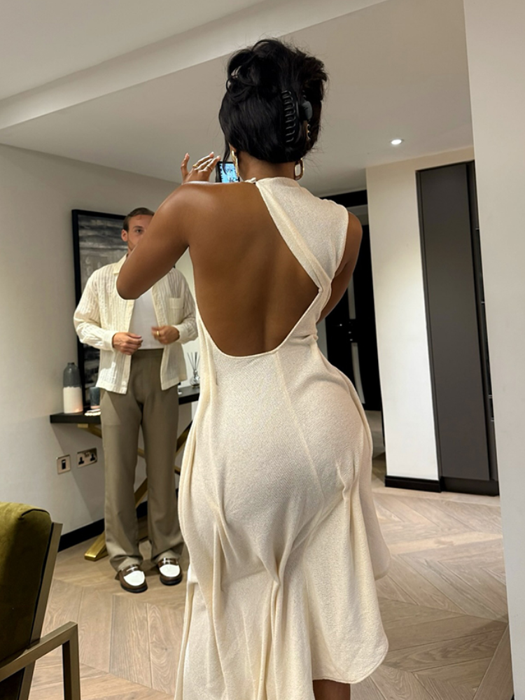 Femmes élégantes plissées irrégulières mince jupe longue Sexy solide dos nu hors épaule robe nouveau rencontres fête Festival Club robe de bal