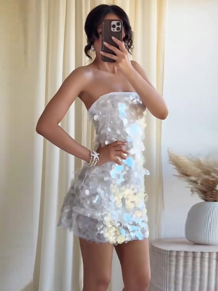 Robe de soirée à paillettes pour femmes, Sexy, élégante, col rond, sans manches, longue, fendue, vêtements de plage, été