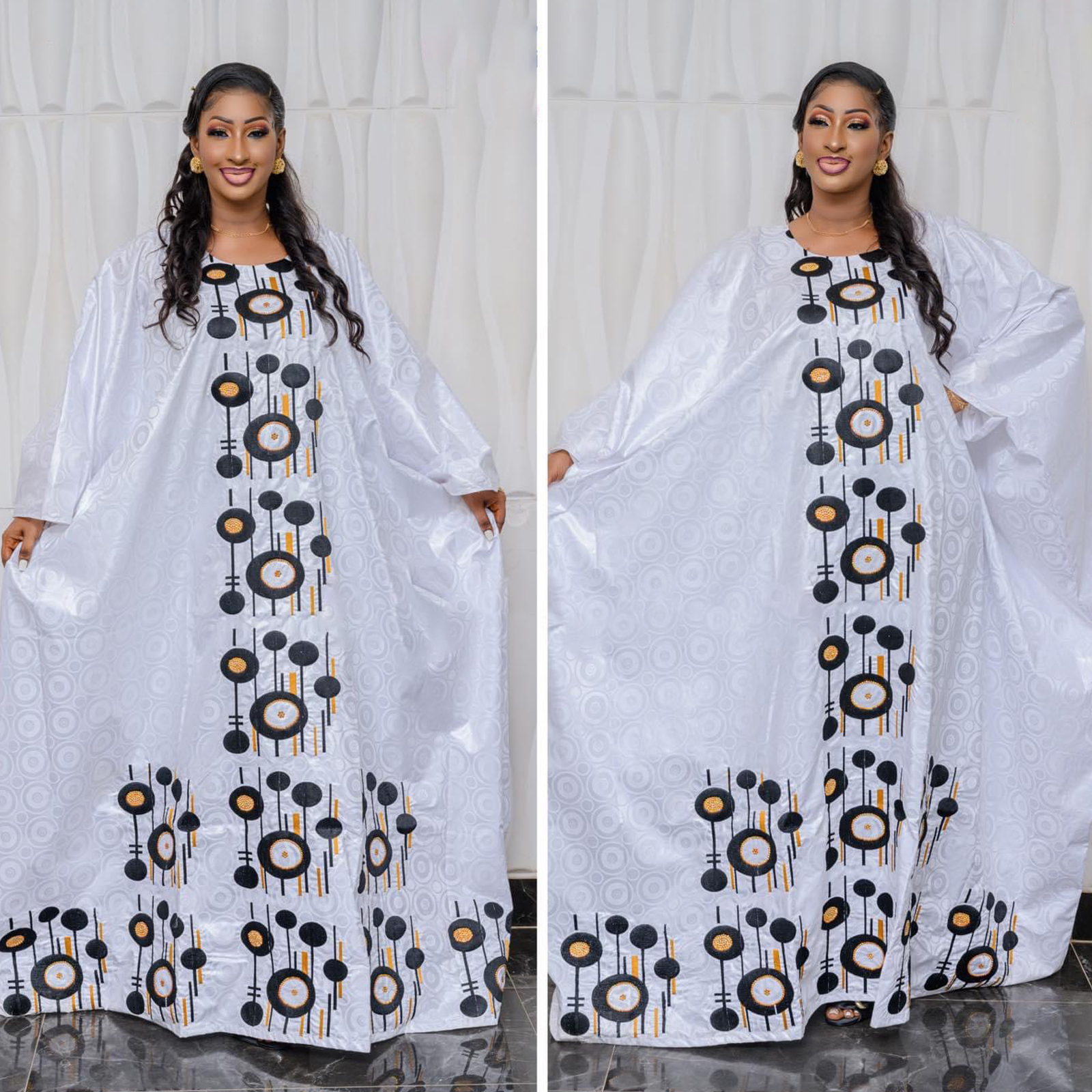 Robes africaines pour femmes Bazin Riche, Design brodé, longueur au sol avec écharpe, Design de Couple