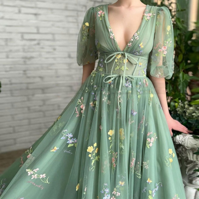 Robe longue pour femme, robe de bal, robe de mariée florale à manches bouffantes, style Y2K streetwear, taille haute, élégante pour soirée et fête