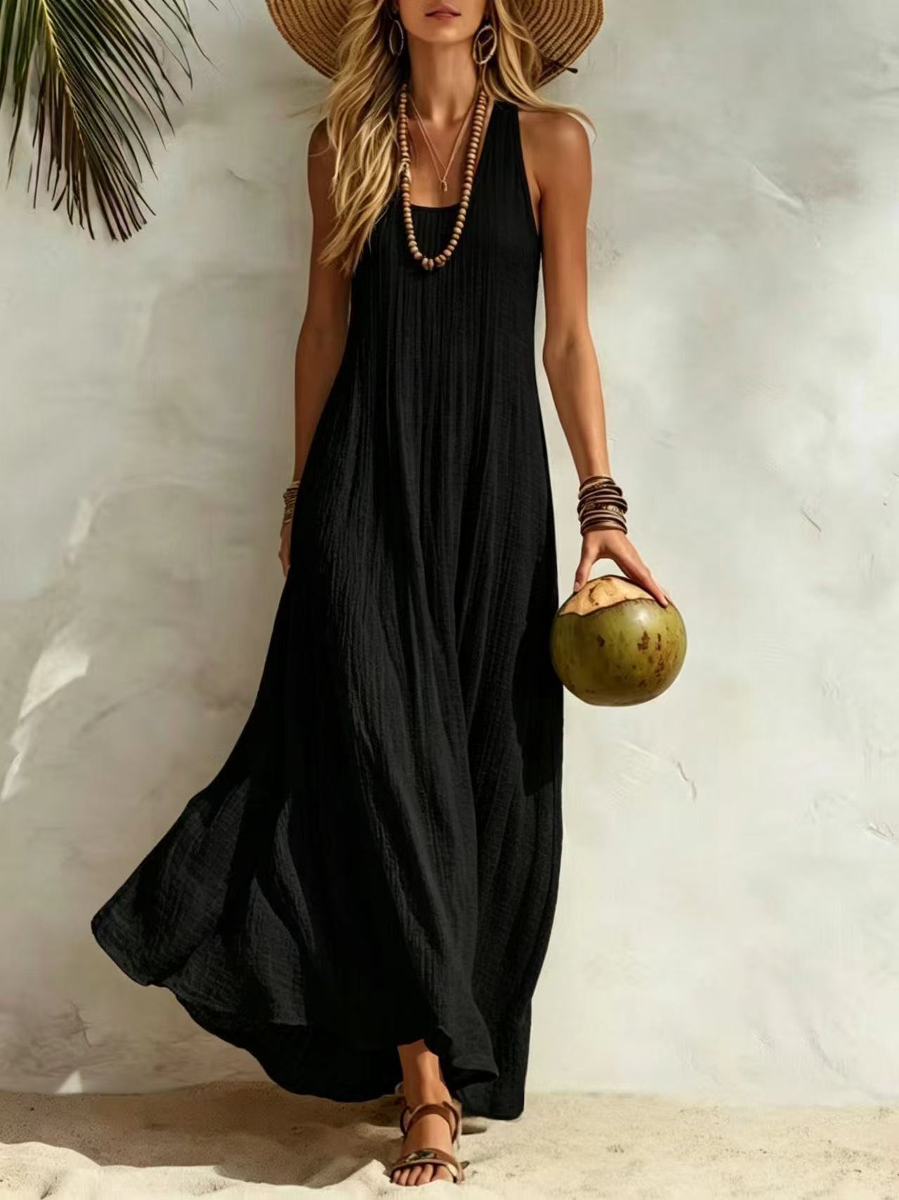 Robe longue décontractée à texture verticale, style débardeur, idéale pour la plage ou comme tenue de vacances