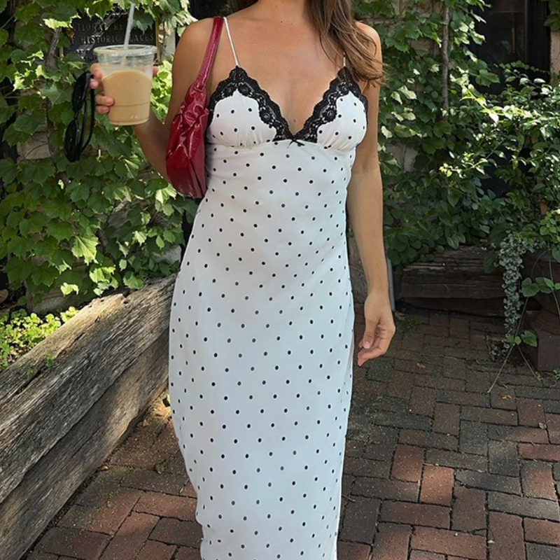 Robe Maxi en dentelle pour femmes, col en v, Patchwork, dos nu, taille haute, Slim, Spaghetti, contraste, robe de soirée, printemps