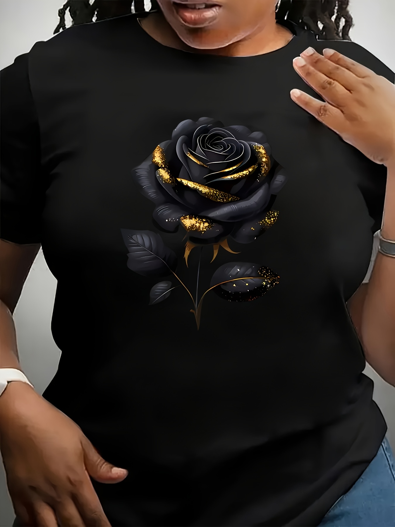 T-shirt noir surdimensionné pour femmes, grande taille, avec imprimé rose élégant, mode Harajuku Kawaii, vêtements Y2K pour femmes