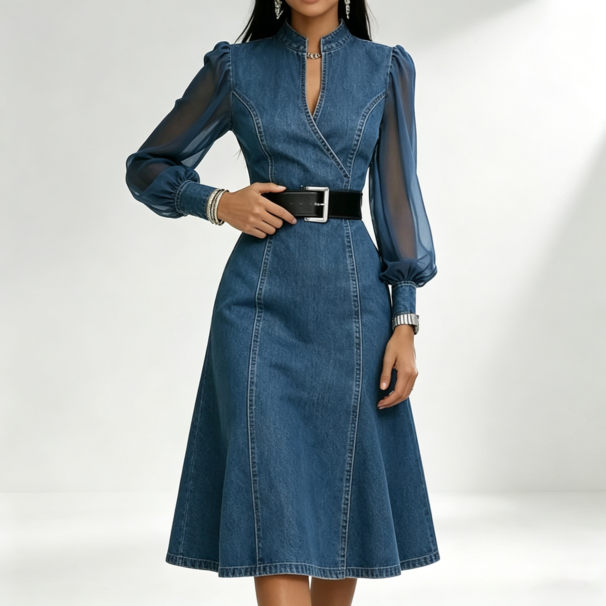 Robe longue en jean streetwear pour femme, coupe trapèze, avec manches longues bouffantes en tulle, col en V transparent, style vintage, avec ceinture