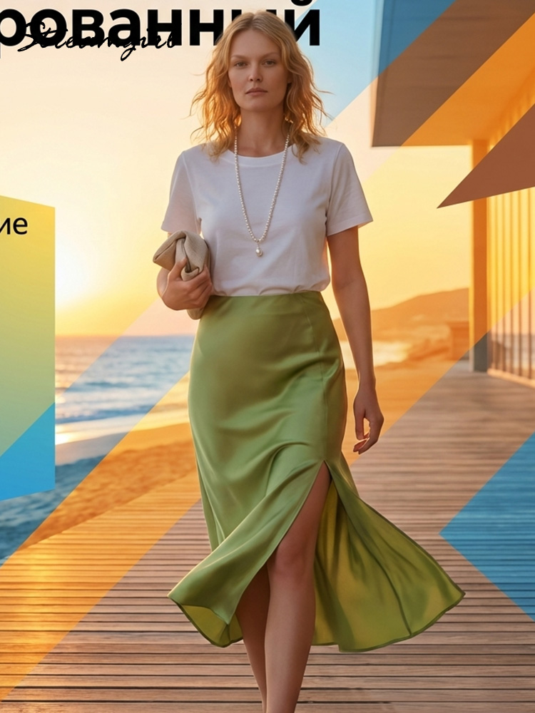 Jupes midi en satin pour femmes, luxueuses, d'été, noires, formelles, en soie, pour le bureau, avec fente, coupe trapèze, vertes, bordeaux, élégantes