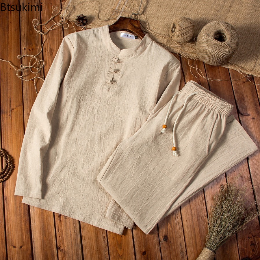 Nouvel ensemble de vêtements traditionnels chinois pour hommes, en coton et lin respirant, 2 pièces, costume décontracté ample, costume de Tai Chi Kung Fu, costume Tang