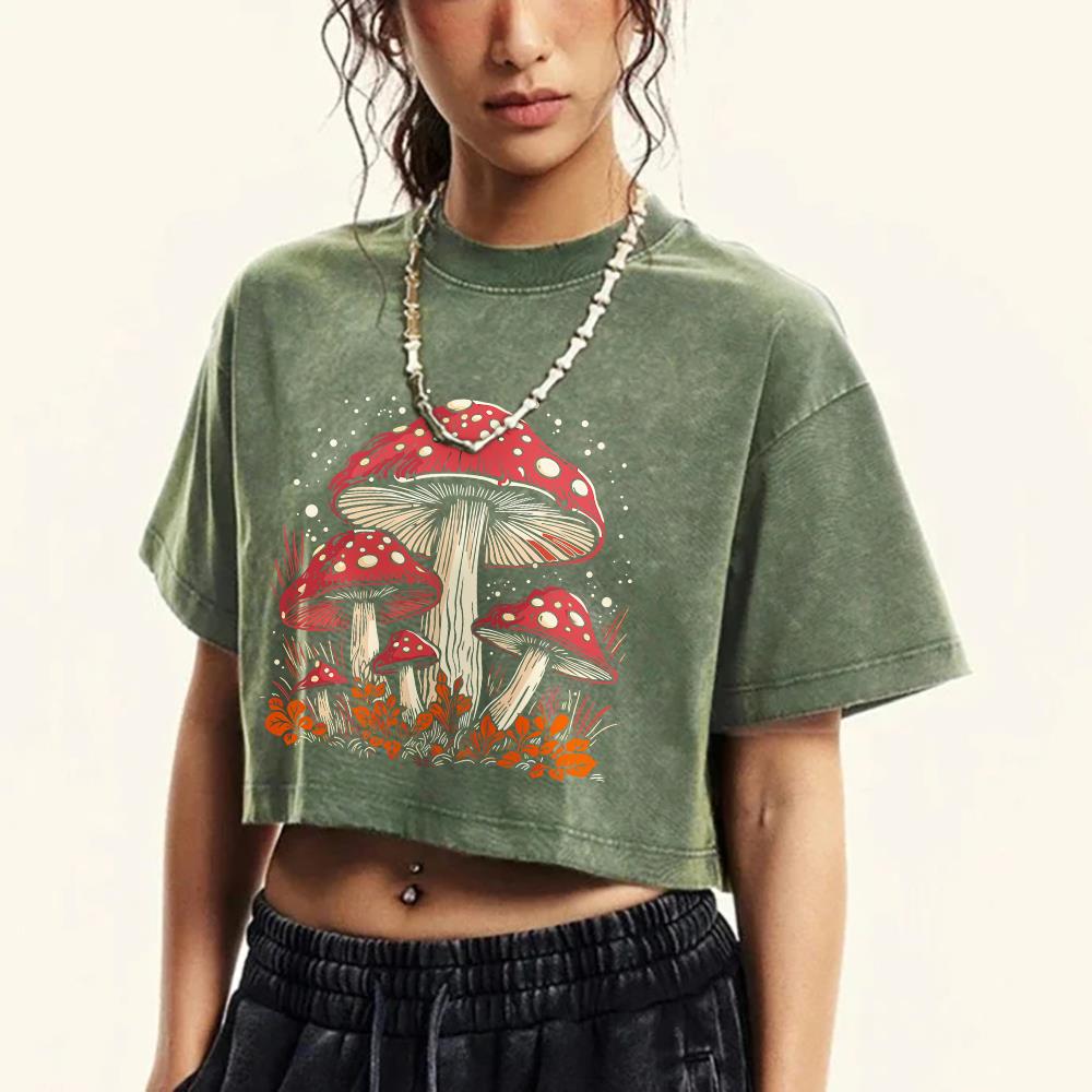 Hauts courts en coton pour femmes, tendance, col rond, T-Shirts délavés en détresse, champignon rouge, personnalité graphique imprimé, vêtements de rue