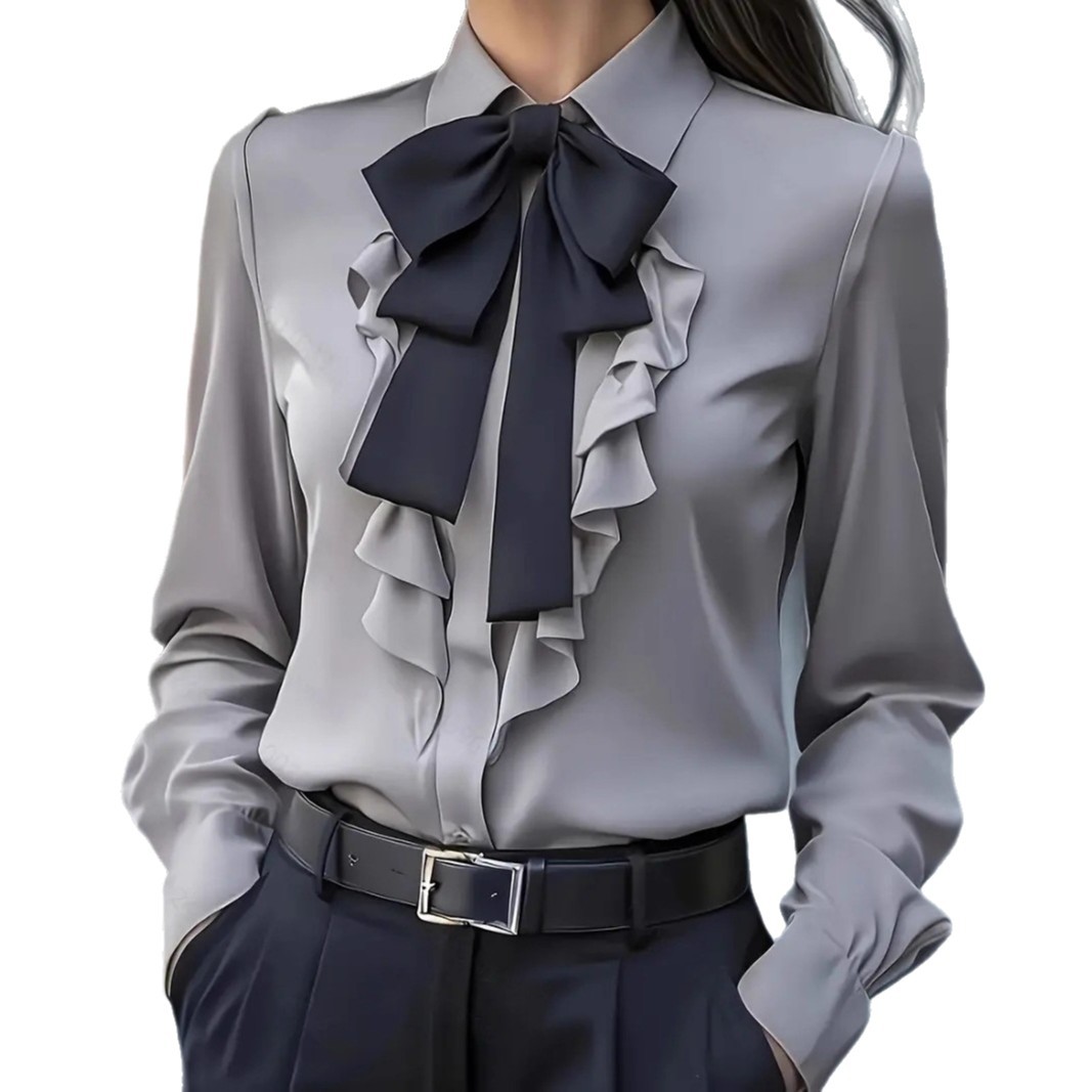 Nouveau automne couleur unie à lacets nœud à volants conception chemise pour femmes Vintage à manches longues Blouse chemise blanche automne femme vêtements