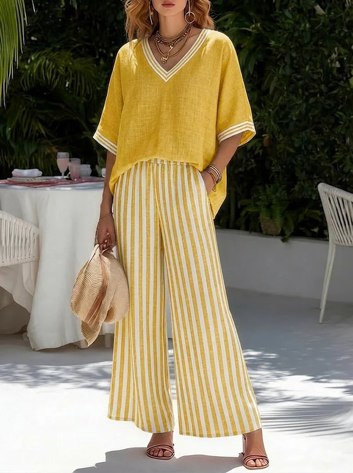 Ensemble décontracté d'été pour femme : Haut rayé à col en V et pantalon large taille haute