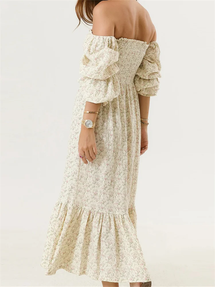 Robe longue à volants à manches bouffantes pour femmes, robe florale vintage, décontractée, bohème, initiée au hors, printemps, automne