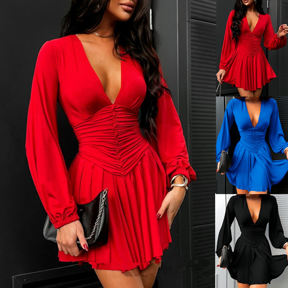 Robes d'été pour femmes, sexy, à manches longues, col en V profond, taille froncée, détail boutonné, mini-robe décontractée couleur sable, dropshipping