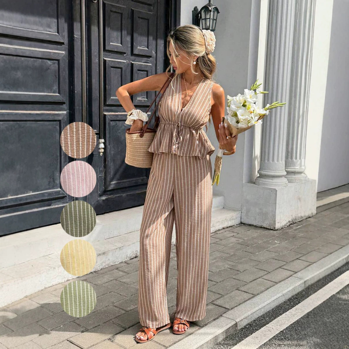 Ensemble élégant rayé col en V sans manches et pantalon large – Tenue décontractée confortable pour femme – Vêtements transfrontaliers tendance pour l'été